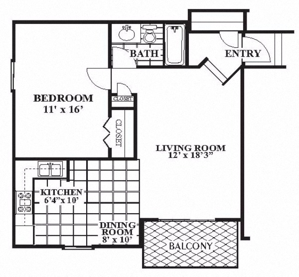 Floor plan for 1 bed, 1 bath, 721 sqft